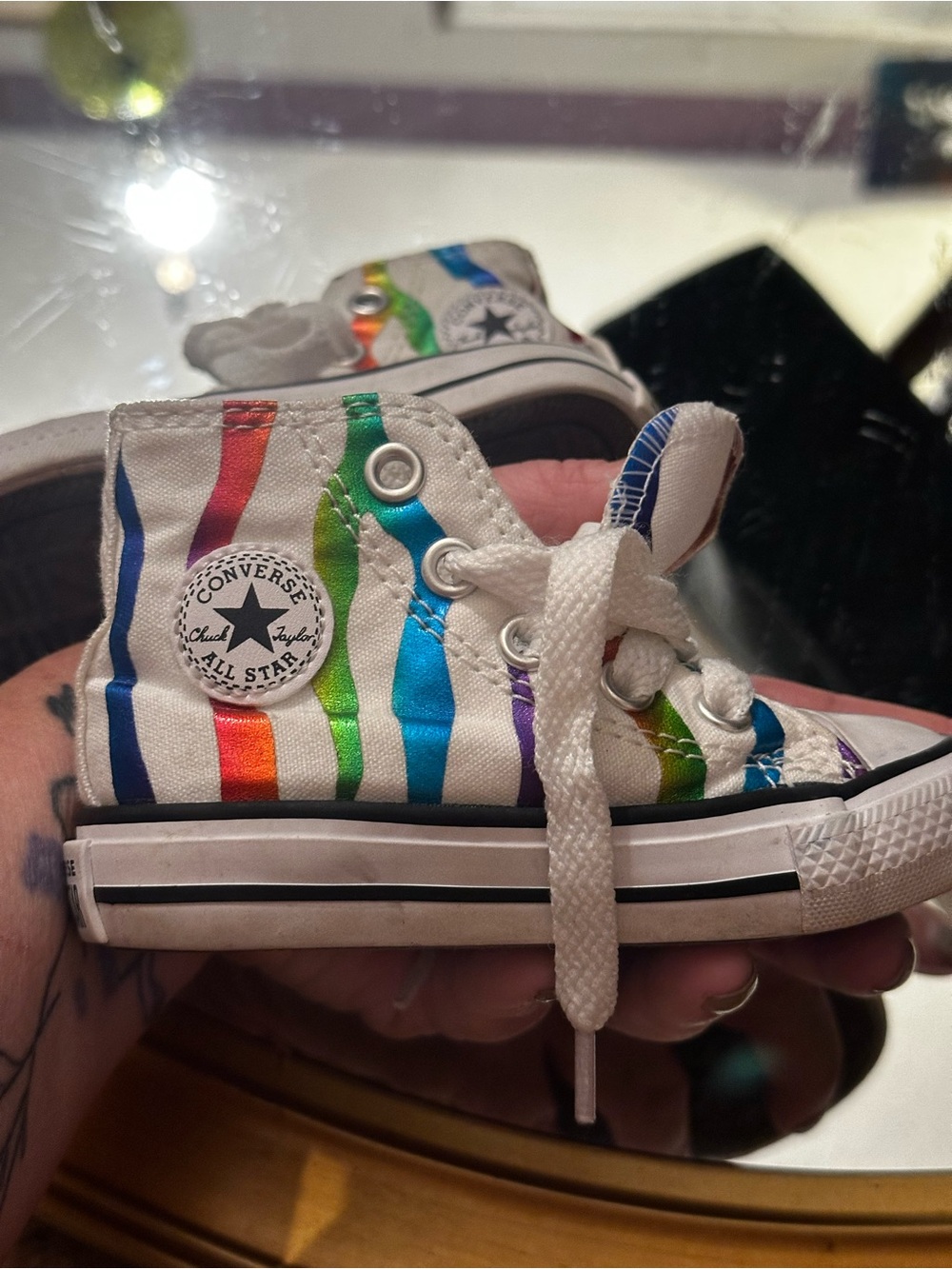 Converse White Kids High Top Sneakers with Rainbow Stripes